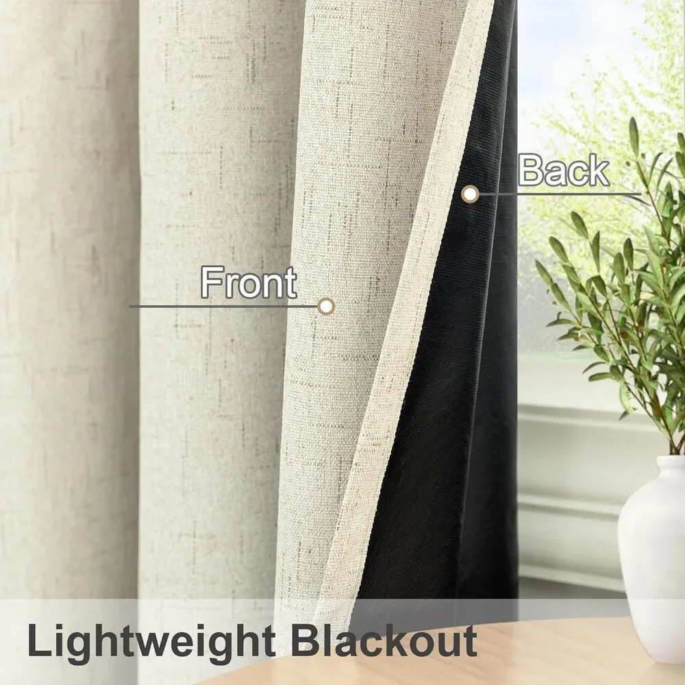 Blackout Linen Curtains 52 x 108 Grommet Natural Room Darkening Drapes 2 Panels
